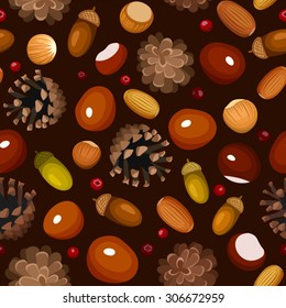 Vector autumn seamless pattern with chestnuts, acorns, cones, hazelnuts and rowanberries on a brown background.