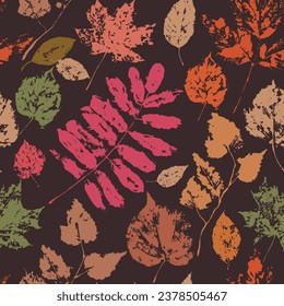 Vector autumn seamless pattern of colored leaves. Hand painted fall plants isolated on brown background. Floral illustration for design, print, fabric or background.