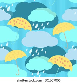 Vector autumn seamless pattern with colorful umbrellas, clouds and rain. Can be used for background, card template, fabric print