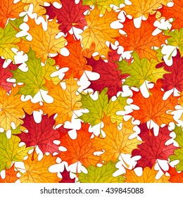 Vector autumn seamless pattern with colorful watercolor maple leaves on white background