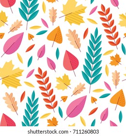 Vector autumn seamless pattern with colorful  foliage. Fall elements isolated on white background