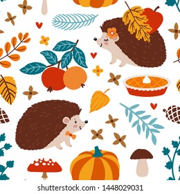 Vector autumn seamless pattern with cute hedgehogs, pumpkin pie, apples and autumn floral plants. Childish repeated texture with cartoon characters and falling leaves. Seasonal background with animals