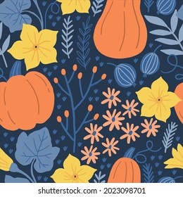 Vector autumn seamless pattern with cute pumpkin, pumpkin flowers and autumn plants. 