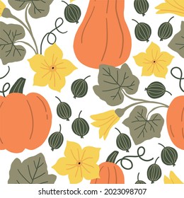 Vector autumn seamless pattern with cute pumpkin, pumpkin flowers and autumn plants. 