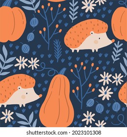 Vector autumn seamless pattern with cute pumpkin, pumpkin flowers and autumn plants. Cute hedgehogs cartoon characters