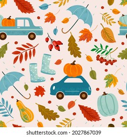 Vector autumn seamless pattern with cute cars, pumpkins, umbrella, boots and floral elements. Repeated texture. Cozy hand drawn seasonal background.