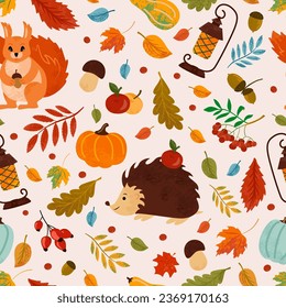 Vector autumn seamless pattern with cute squirrel and hedgehog, pumpkins, flashlight and floral elements. Repeated texture. Cozy hand drawn seasonal background.