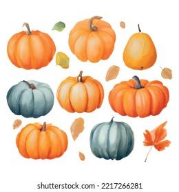 Vector autumn seamless pattern in doodle style with pumpkins and leaves on white background.  autumn background.