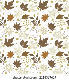 Vector autumn seamless pattern with falling leaves. Botanical repeated texture with floral elements for the fall season. Fall print with foliage. Natural background. Maple, oak, and chestnut leaves