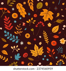Vector autumn seamless pattern with falling leaves. Botanical repeated texture with floral elements for the fall season. Fall print with foliage. Natural background. Maple, oak and berries.