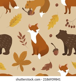 vector autumn seamless pattern in flat style with different cute animals - fox, squirrel, bear and autumn foliage