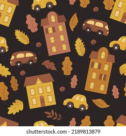 vector autumn seamless pattern in flat style with cottages, buses, cars and autumn foliage