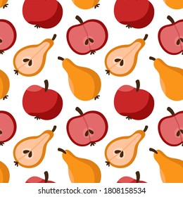 Vektor Herbst nahtlose Muster der Früchte Apfel und Birne. Abstrakter Hintergrund mit Früchten. Gesunde Essenstextur-Illustration für Kinder Textilien, Tapete.