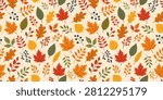 Vector autumn seamless pattern with hand drawn colorful fall leaves, branches and wild berries on a light background. Perfect for seasonal textile design, wrapping paper, fabric, wallpaper and thanksgiving day decorations.
