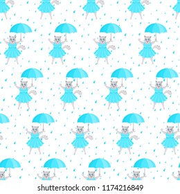 Vector autumn seamless pattern of a happy cat in blue dress with umbrella in open arms staying in the rain isolated on the white background.