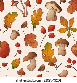 Vector autumn seamless pattern with illustration of leaves, mushrooms, berries, apple. Pattern for fabric design, wrapping paper, packaging decoration, cover and textile.