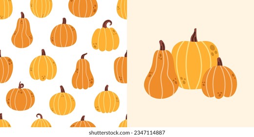 Vector autumn seamless pattern and illustration with pumpkins. Collection of background and illustration with orange and yellow pumpkins. Fall seamless pattern. Thanksgiving set.