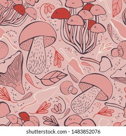 Vector autumn seamless pattern with leaves, maple seeds, mushrooms on pink background. Graphic lines. Drawing hands in a cute, childish style. Can be used for wrapping paper, caps, fabric, etc, design