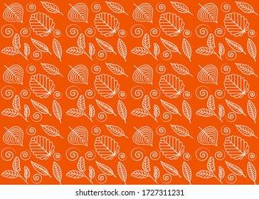 Vector autumn seamless pattern, leaves on orange background, outline leaves, line art, outline illustration, assortment leaves white line silhouette