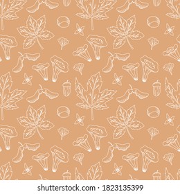 Vector Autumn seamless pattern with leaves and forest plants. 