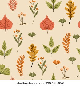 Vector autumn seamless pattern with leaves, acorns, acorns on a green background. Seasonal ornament. Endless texture can be used for web design, printing onto fabric and paper or scrapbooking.