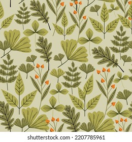 Vektorherbstmuster nahtlos mit Blättern, Akkornen, Akkornen auf grünem Hintergrund. Saisonverzierung. Endlose Textur kann für Webdesign, Stoffdruck und Papier oder Scrapbooking verwendet werden.