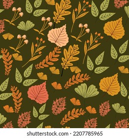 Vector autumn seamless pattern with leaves, acorns, acorns on a green background. Seasonal ornament. Endless texture can be used for web design, printing onto fabric and paper or scrapbooking.