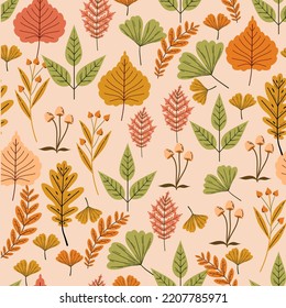 Vector autumn seamless pattern with leaves, acorns, acorns on a green background. Seasonal ornament. Endless texture can be used for web design, printing onto fabric and paper or scrapbooking.