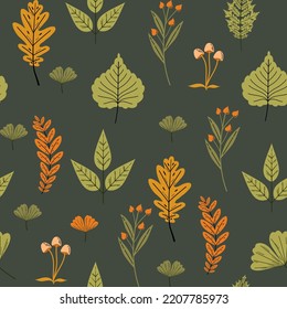 Vector autumn seamless pattern with leaves, acorns, acorns on a green background. Seasonal ornament. Endless texture can be used for web design, printing onto fabric and paper or scrapbooking.