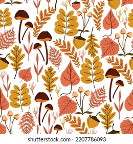 Vector autumn seamless pattern with leaves, acorns, acorns on a green background. Seasonal ornament. Endless texture can be used for web design, printing onto fabric and paper or scrapbooking.