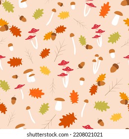 Vector autumn seamless pattern with leaves, acorns, mushrooms