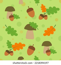 Vector autumn seamless pattern with leaves, acorns, mushrooms on a green background. Seasonal ornament. Infinite texture can be used for web design, printing on fabric and paper, or scrapbooking.