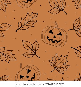 Vektor Herbst nahtloses Muster mit Blättern und halloween Kürbis. Handgezeichnete Herbstelemente. Kürbis und Herbst Blätter in Skizze und Doodle Stil. Frohe Halloween-Feiertage. Vektorgrafik