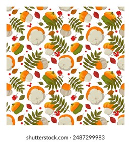Vector autumn seamless pattern with autumn leaves and small multi-colored pumpkins and rowan.