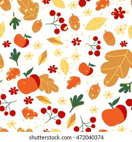 Vector autumn seamless pattern with leaves, berries and acorns