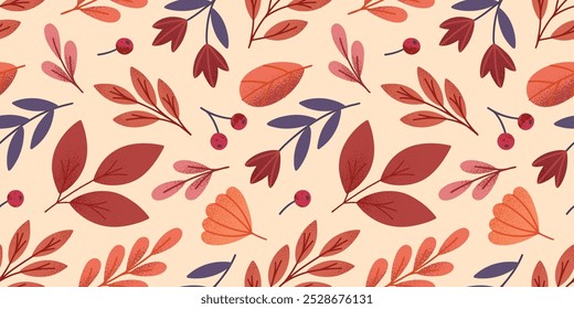 Vetor outono padrão sem emenda com folhas, florais e berries.Seasonal papel de parede moda em outono colors.Autumn fundo decoração para impressões, anúncio, marketing de mídia social, marca, embalagem, capas.