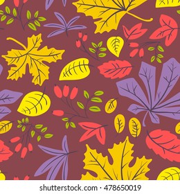 Vector autumn seamless pattern with many kinds of leaves and berries of wild rose. Bright colorful background with simply fall season plants