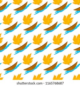 Vector autumn seamless pattern of a miniature boat in a puddle with sail mady by yellowed maple leaf. Isolated on the white background.