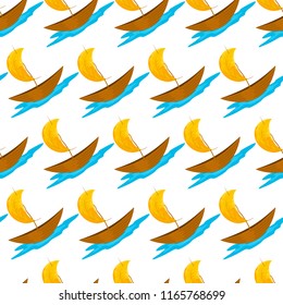 Vector autumn seamless pattern of a miniature boat in a puddle with sail mady by yellowed leaf. Isolated on the white background.