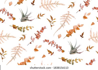 Vector autumn seamless pattern with mix of cute fall burnt orange red eucalyptus branches, taupe natural succulent leaves, beige brown asparagus fern. Wallpaper, textile fabric, paper template design 