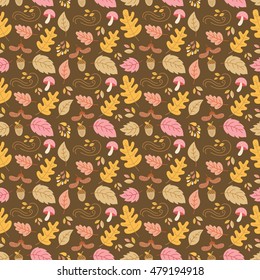 Vector autumn seamless pattern with  mushroom, acorn, oak and maple leaves. Autumn elements isolated on white background. Perfect for wallpaper, gift paper, web page background, greeting cards.