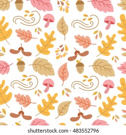 Vector autumn seamless pattern with mushroom, acorn,oak and  maple leaves. Autumn elements isolated on white background. Perfect for wallpaper, gift paper, web page background, autumn greeting cards.