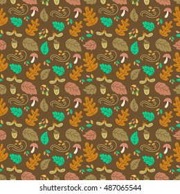 Vector autumn seamless pattern with  mushroom, acorn, oak and maple leaves. Autumn elements isolated on white background. Perfect for wallpaper, gift paper, web page background, autumn greeting cards.