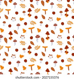 Vector autumn seamless pattern with mushrooms, fly agaric and leaves in hand drawn cartoon style isolated on white background for for baby apparel, textile and product design, wallpaper, wrapping