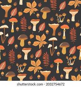 Vector autumn seamless pattern with mushrooms, acorns and leaves. Repeated texture with natural elements for fall season. Forest background. For scrapbooking, fabric, wrapping paper, notebook covers.