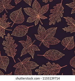 Vector autumn seamless pattern with oak, poplar, beech, maple, aspen and horse chestnut leaves outline on the dark background. Fall gradient line art of foliage.