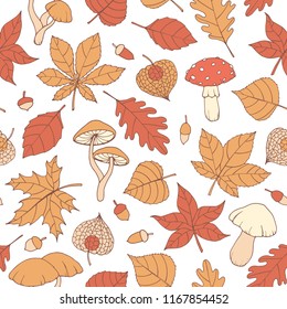 Vector autumn seamless pattern with oak, poplar, beech, maple, aspen and horse chestnut leaves, mushrooms, acorns and physalis on the white background. Fall ornament for wrapping paper, textile, etc.