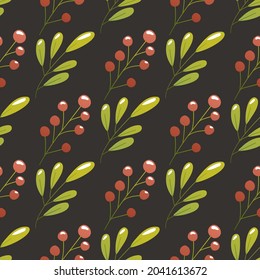 Vector autumn seamless pattern on dark background with leaves and berries. Wrapping paper. Bright repeated texture for fall season.