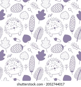 Vector autumn seamless pattern  on a light background. A hedgehog, an ant, acorns, cones, autumn leaves and branches. Grey-blue doodle. Suitable for cards,  invitations, paper and others