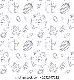 Vector autumn seamless pattern  on a light background. A hedgehog, acorns, cones, mushrooms, autumn leaves and branches. Grey-blue doodle. Suitable for cards,  invitations, paper and others